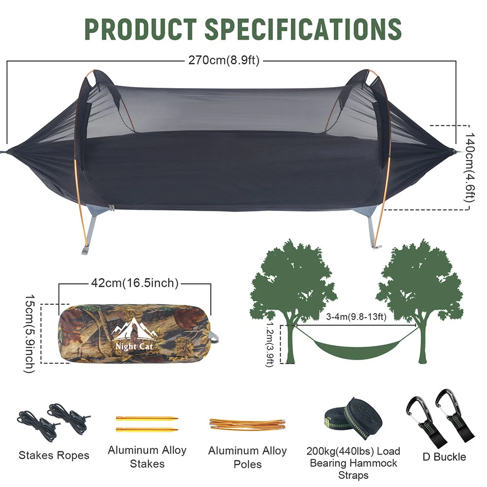 Night Cat Hammock Tent with Mosquito Net Waterproof Rainfly For Hiking Camping - Image 4 of 4