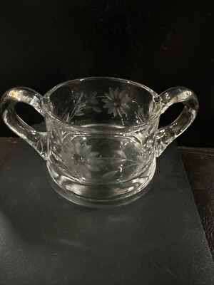 Vintage Cut Glass Double Handled Open Sugar Bowl  with Cut Daisies