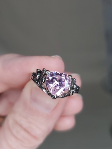 Ring Sterling 925 Pink Crystal Heart Flowers Detailed BEAUTIFUL. Sz 7.25 - Picture 9 of 17