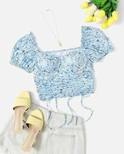 womens m crop top sweetheart neck short sleeve front drawstrings casual wear 