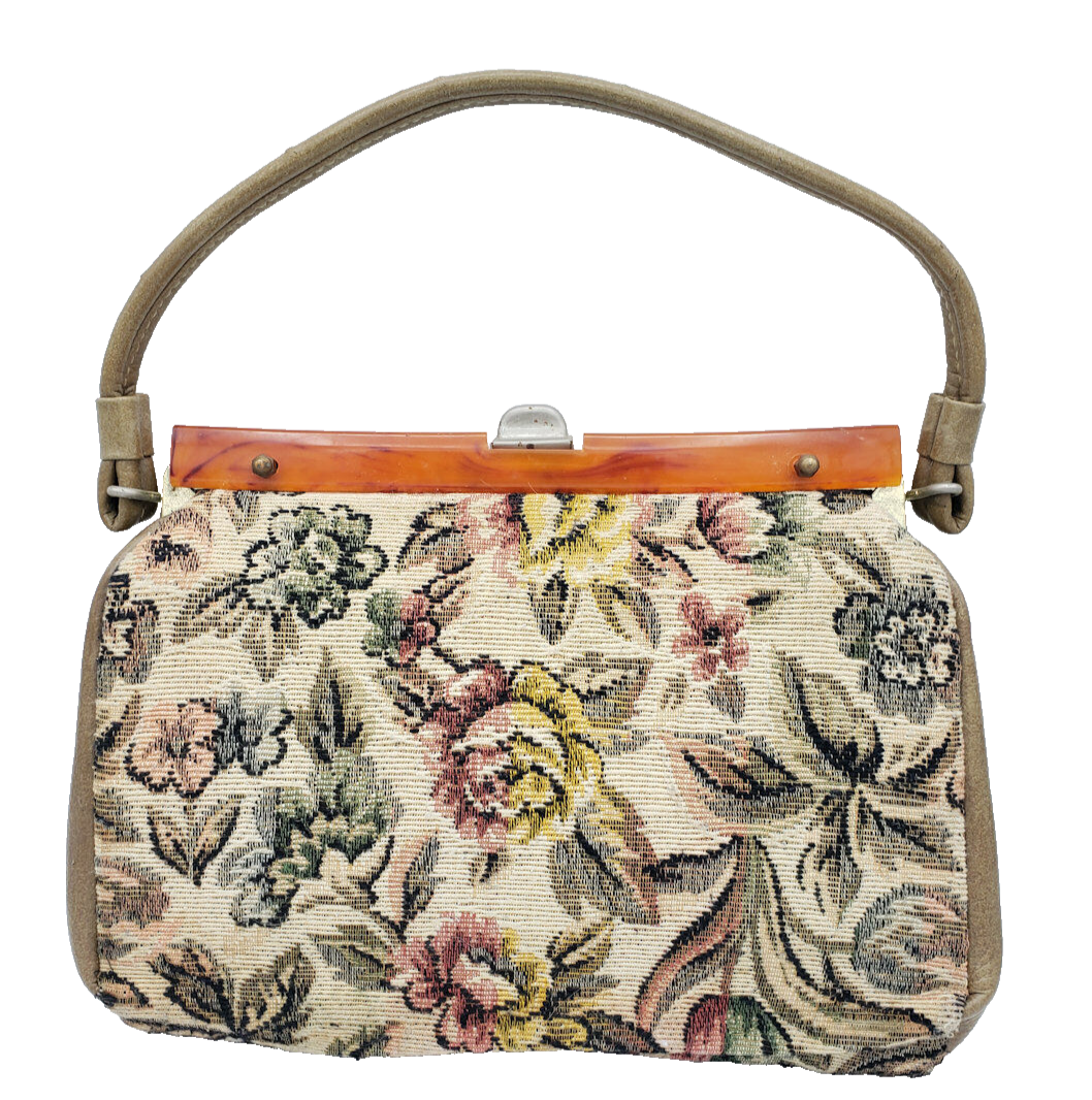1940s Vintage Tapestry Handbag Purse- Lucite Handle- Flowers- 10 x 8- Floral