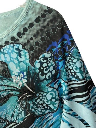 Jess & Jane Top Womens 1X Blue Multi Sequins Floral Stretch Knit Asymmetrical - Picture 3 of 9