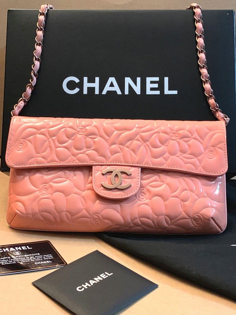 CHANEL Pink Camelia Patent Leather Flap Shoulder Bag Authentic