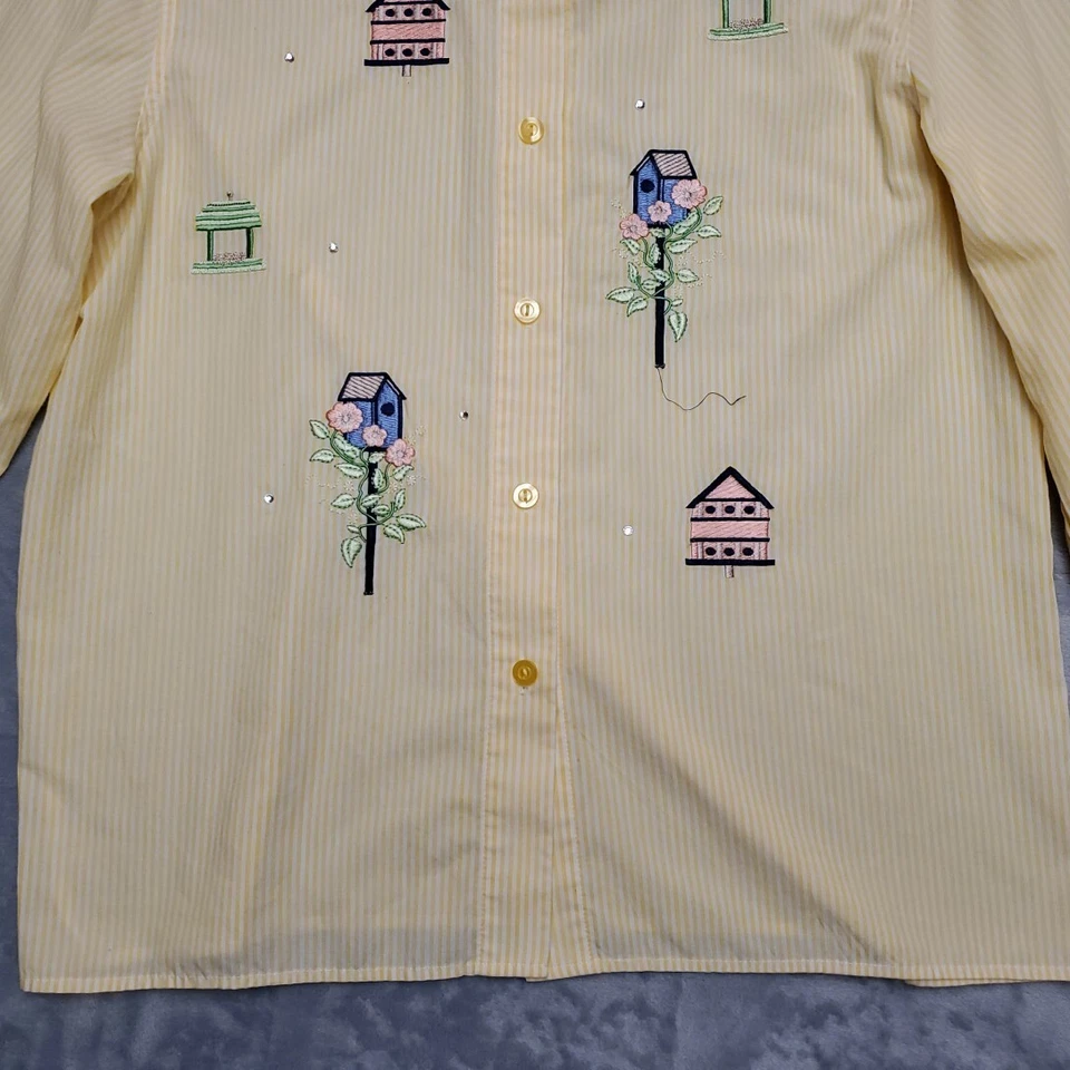 Camisa De Colección Breckenridge Para Mujer S Amarillo Rayas Bordada Pájaros Casas Casa Casa Foto 2 de 4