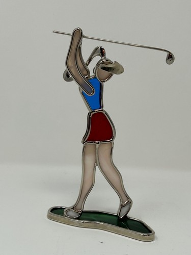 Vintage 7” Lady Golfer Stained Glass Sun Catcher Swinging Golf A5