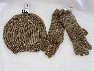 NWT Womens 2pc Fashion Beanie Hat Gloves Set Gold Brown Metallic Sequin  Finish