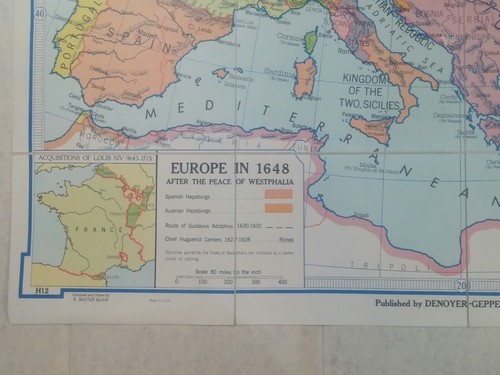 1964 DENOYER GEPPERT H12 EUROPE 1648 FOLDING CLOTH SCHOOL MAP 33" x 43.5" - Picture 2 of 11
