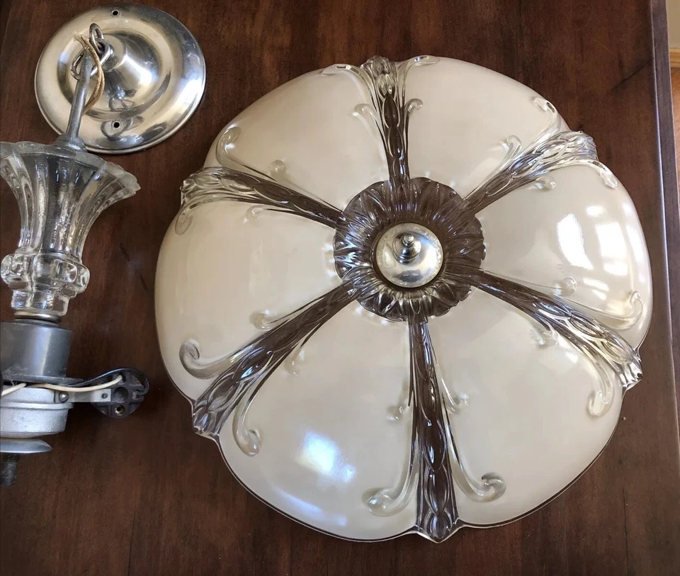 Antique 1920s 1930s Art Deco Nouveau Victorian Large Ceiling 3 Light Fixture - Image 3 of 4