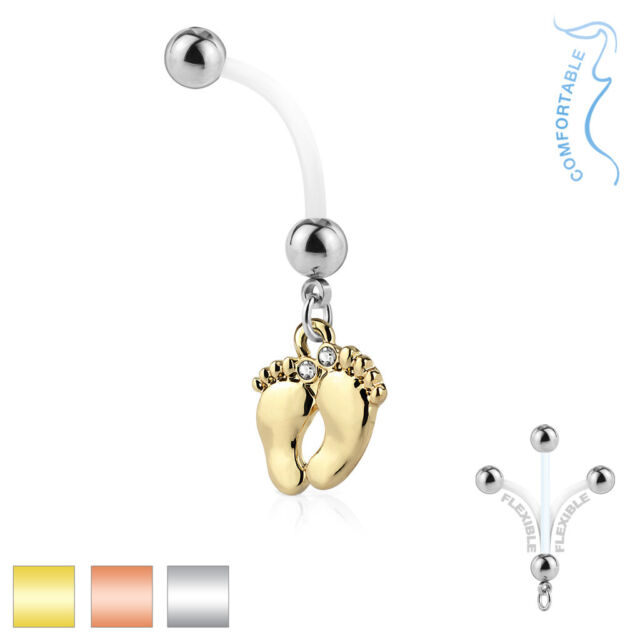 Baby Foot Pregnancy Belly Bar Rings Bioflex Piercing with Surgical Steel Balls Baby Foot Pregnancy Belly Bar Rings Bioflex Piercing with Surgical Steel Balls