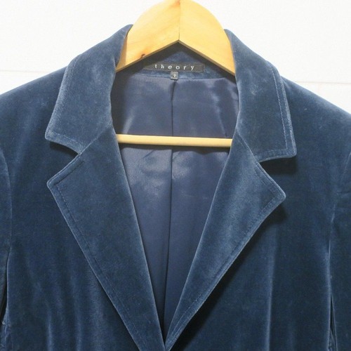THEORY VELVET BLAZER BLUE GREY RUCHED single breast pocket LARGE lapel gather US - Picture 4 of 13