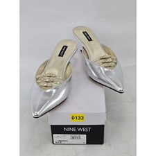 Nine West Weeka3 Mules Womens 9.5 Silver Pointed Toe Kitten Heel - New