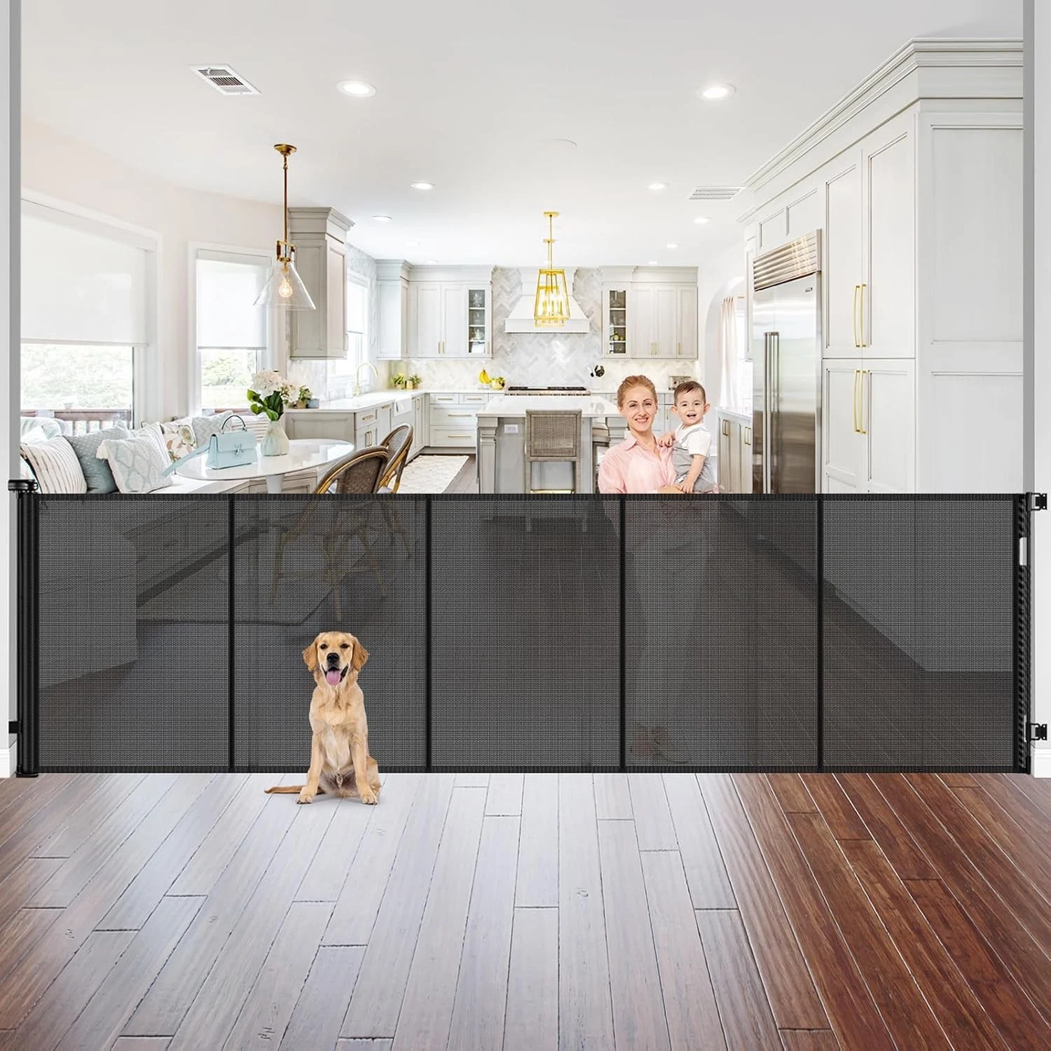 Reinforced 42 Inch Extra Tall Pet Gate with Support Rods, 96 Wide Retractable...