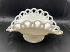 VINTAGE WHITE MILK GLASS LACE EDGE FOOTED BANANA BOWL