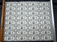 Uncirculated Two Dollar Bills Uncut Currency Sheet of 32 Notes $64, Atlanta 1995