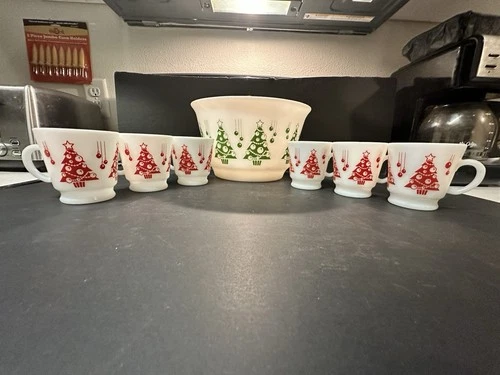 Vintage 1950s Hazel Atlas Milk Glass Christmas Tree Party Punch Bowl & 6 Cup Set