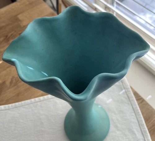 Van Briggle Pottery Flower Vase Teal Matte Finish 11" USA Vintage w/Fluted Top