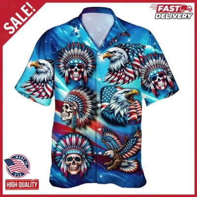 Eagle Skull Native USA Flag Patriotic Hawaiian Shirt 4th of July