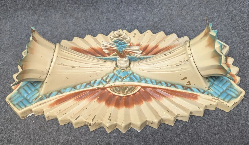 Pair 1920s-30s Cornucopia Sconces & Ceiling Light Fixture, Stamped Brass Rewired - Image 2 of 4