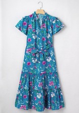 Blue Floral Midi Dress with Ruffle Sleeves and Waist Tie