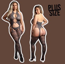 Plus Size 2pc Gray Lace Gartered bodysuit with g string Lingerie Set OS