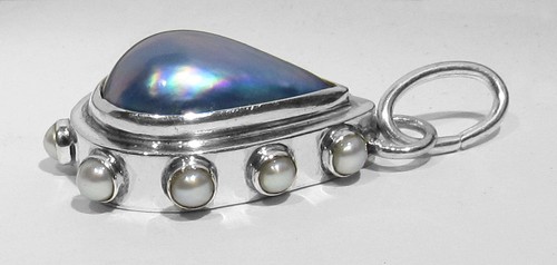 Big Signed AA Teardrop Tahitian Pearl & Freshwater Pearl Cabs 925 Silver Pendant - Picture 5 of 7