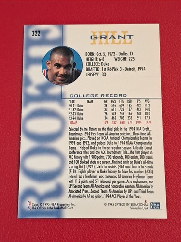 Grant Hill Rookie 1994-95 NBA Hoops #322 Detroit Pistons Rookie Card Basketball - Picture 2 of 2