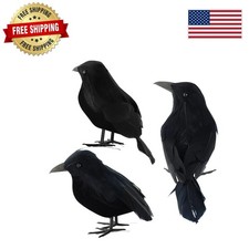 Black Feathered Crows - 3 Pcs Lifelike Ravens for Indoor  Outdoor Halloween