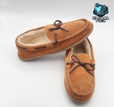 J Crew Men's Moccasin Suede Fur Lined Slippers Brown Men size 10 brown