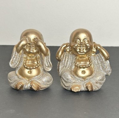 Gold/Silver Glitter Maitreya Buddha Figurines See No Evil Hear No Evil Set of 2