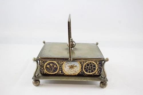 Antique Victorian Silver Plate Ceramic Sardine Dish w/ Hand-Painted Details