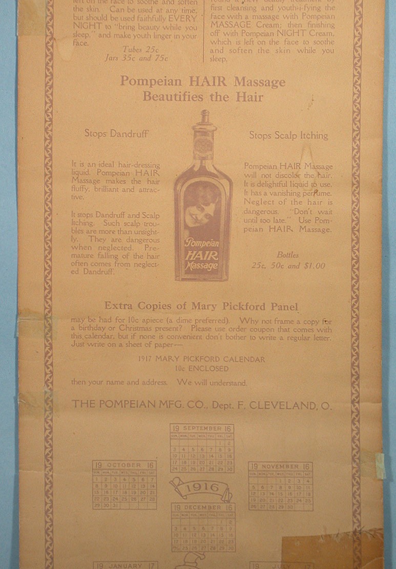 1917 Mary Pickford Art Calendar Pompeian Beauty Products Mail Premium Movie Star