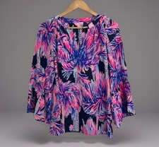NWOT Lilly Pulitzer Matilda 100 Silk Top Pink Blue Palms Up Work Bright Beach