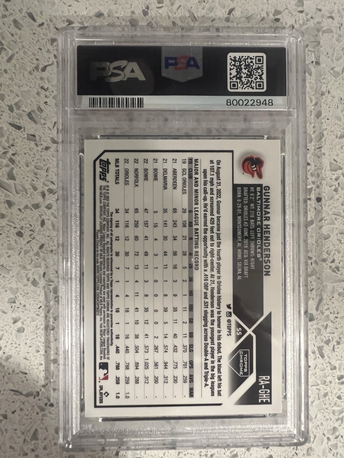 2023 Topps Chrome RC Gunnar Henderson #RA-GHE Purple Speckle Auto /299 PSA 10 view 2