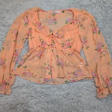 So Good For Life Shirt Womens S  Blouse Sheer Floral Top Lightweight Button Up 