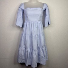 Club Monaco Dress Womens 0 Blue White Pinstripe Off Shoulder Tiered Cottagecore