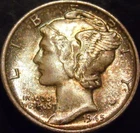 1945-S Mercury Dime Gem BU Uncirculated Light Rainbow Toned