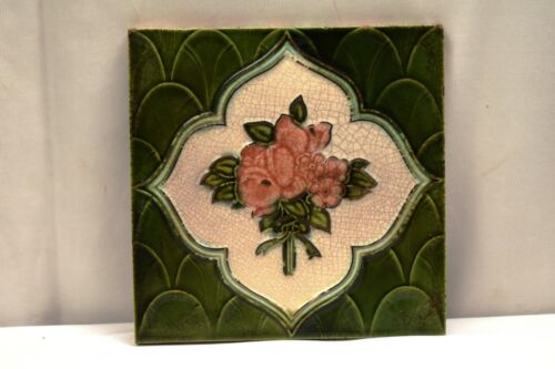 Ancien Carreau Art Nouveau Majolique Céramique Porcelaine Rose Fleur Vert " 2 - Photo 1/4