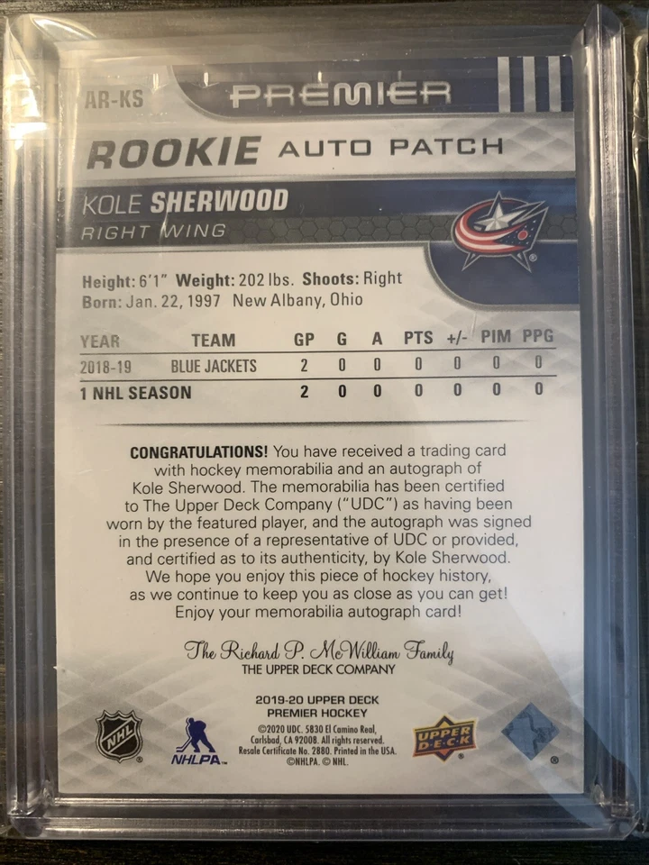 2019-20 Upper Deck Premier - Acetate Rookie Auto Patch #AR-KS Kole Sherwood /249 - Image 2 of 2