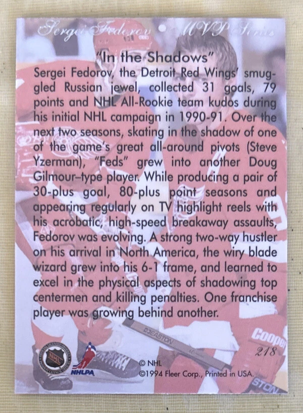 Tarjeta de hockey Sergei Federov serie MVP Flair 1994-95 #218 Red Wings casi nueva Foto 2 de 2