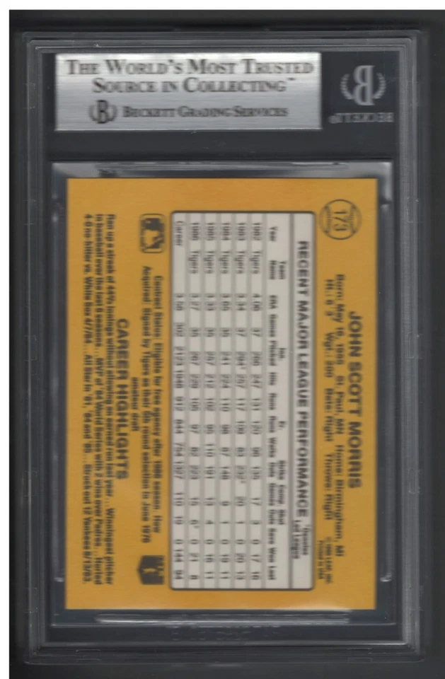 1987 Donruss Jack Morris #173 BGS 9 MINT BEAUTY OF THE HALL OF FAMER - Image 2 of 2