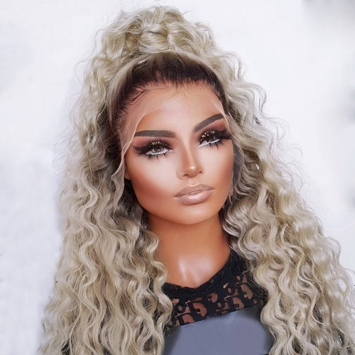 Pelucas frontales de encaje ombre ceniza rubia onda de agua 100 % cabello humano 180 % densidad - Imagen 3 de 7