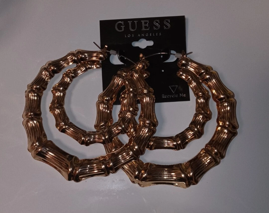 Bling GUESS Double Loop Hoop BAMBOO Giant Earrings Gold Tone NWT