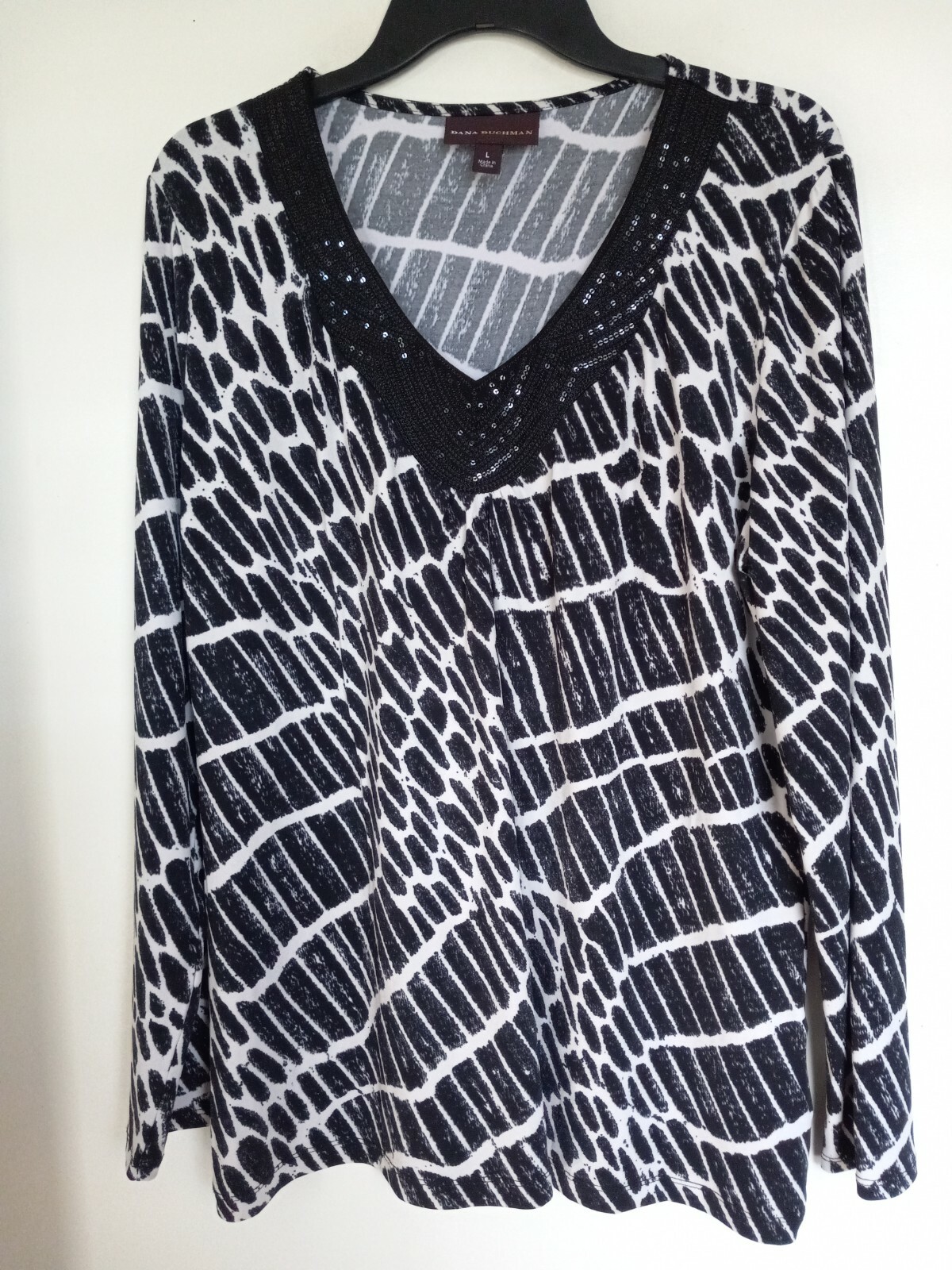 DANA BUCHMAN Womens V Neck Sequin Blouse Top Stretch Size Large