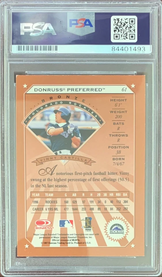 Tarjeta firmada automáticamente Vinny Castilla 1997 Donruss Colorado Rockies PSA encapsulada Foto 2 de 2
