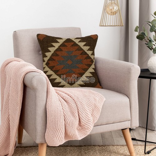 2 Pc 18x18 Tribal Boho Pillow Case Decor Handwoven Wool Jute Kilim Cushion Cover - Picture 34 of 60