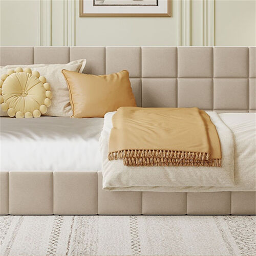 Full Size Daybed Velvet Upholstered Bed Frame Sofa Bed Wooden Slat Support Beige - Picture 4 of 11