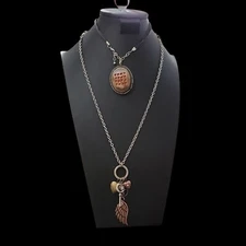 2 Vtg Steampunk Locket Key Wings Cabachon Necklace Drama Waffle Pendant Choker