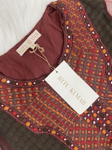 NWT Ritu Kumar Embroidered Mirrored Sheer Sleeve Cotton Kurti Tunic Top Sz S - M - Picture 4 of 11