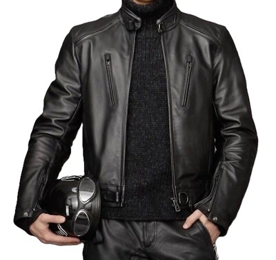 Men 100% Genuine Leather Retro Biker Jacket Black Motorcycle Rider Racer Jacket