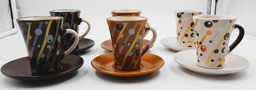 Set of 6 Krystallo TOVLEV Espresso Cups and Saucers ~ 2 White, 2Mocha, 2Brown